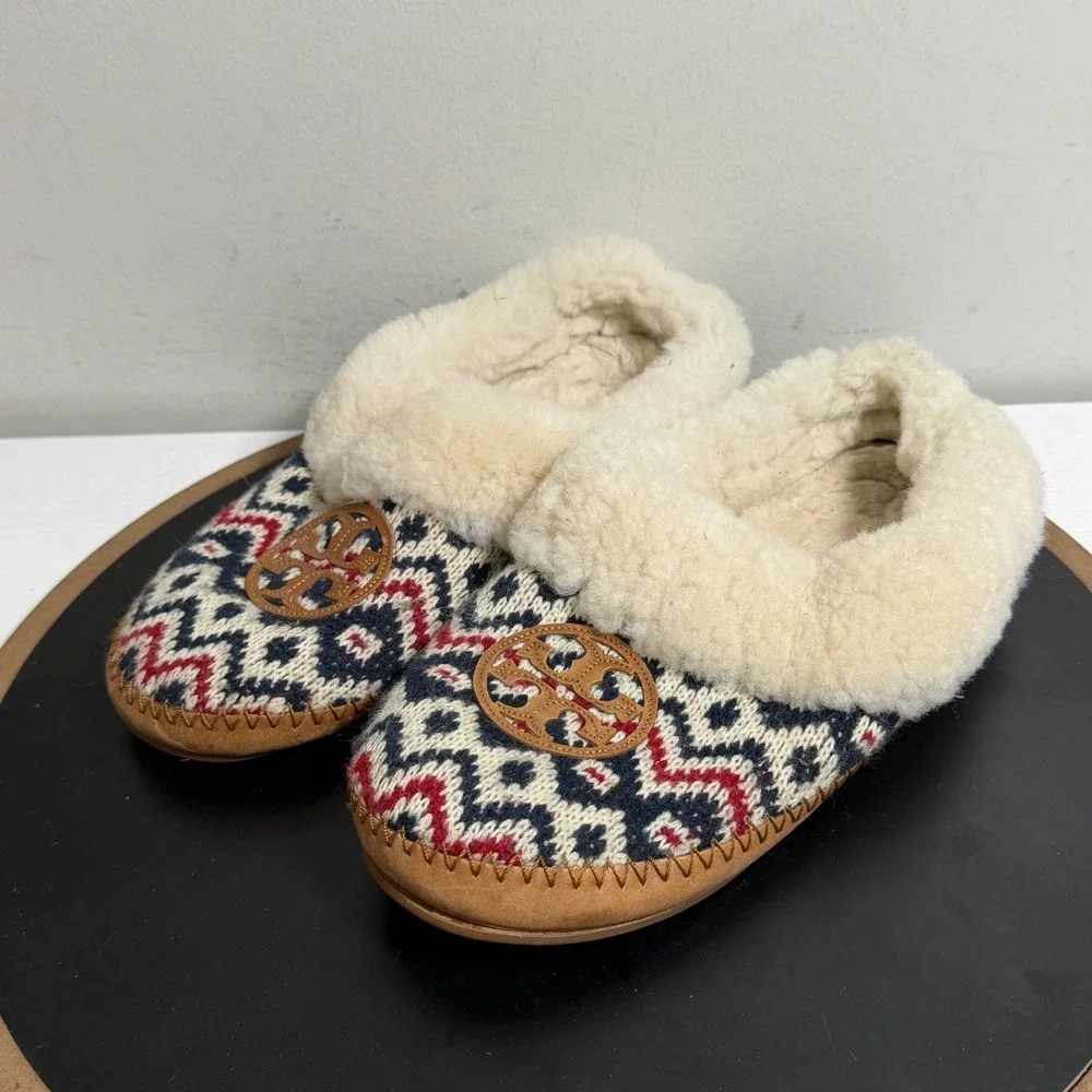 Tory Burch Shearling Slippers Women US 8 Fair Isle Knit Cozy House Shoes Indoors